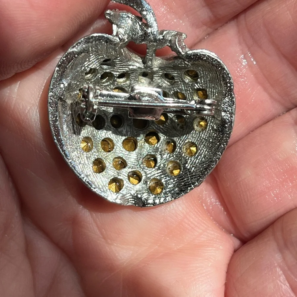 Apple pin brooch rhinestone silver